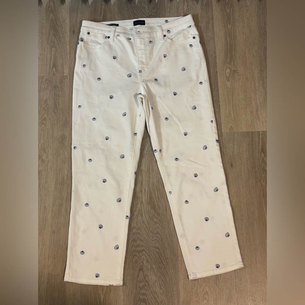 Talbots White Straight-Leg Crop Jeans with Navy Shell Embroidery